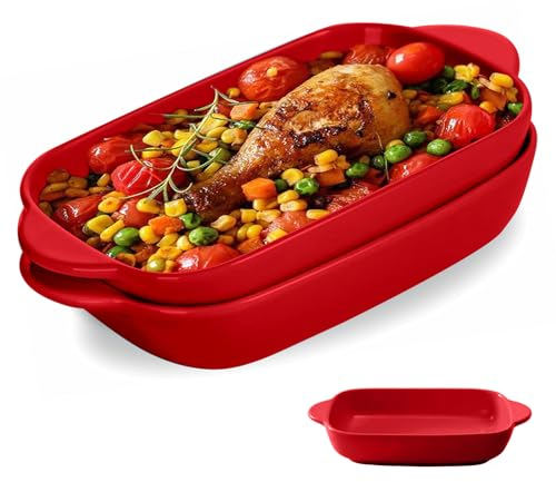 2 Stück Lasagneform, 23 x 13cm Auflaufform Set, Bunt Glasiertes Kleines Ofenform, Rechteckige Backform aus Keramik für Lasagne, Backen, Gourmet Essen, Hitzebeständig (Rot)