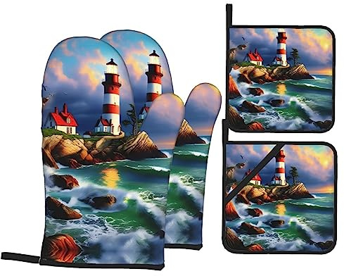 Lighthouse Diamond Painting Print Oven Mitts and Pot Holders Sets of 4,Resistant Hot Pads with Non-Slip Gloves for Kitchen,Cooking