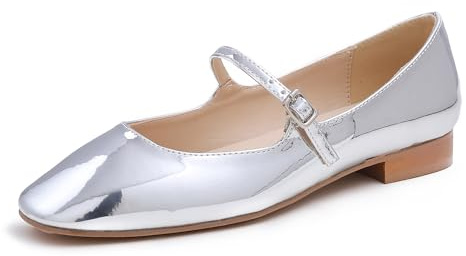 Feversole Women's Square Toe Mary Jane Fashion，Punta Quadrata Easy Buckle Tacco Basso Slip On Flats in Pelle Vegana Argento Taglie 37 EU