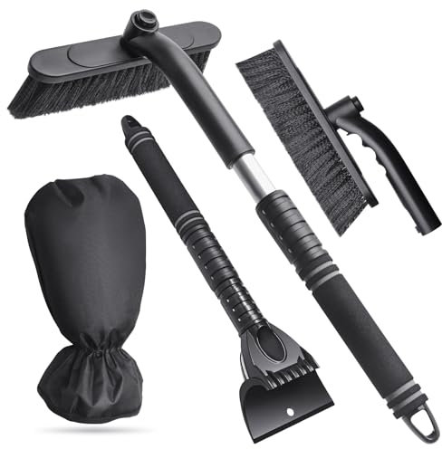 TivsiVer 360° Schwenkbarem Besen Kopf Autoschneebürste mit Baumwollhandschuhen, 69cm Ausziehbarer Autoscheibenschaber mit Komfortablem Schaumstoffgriff Kratzfrei für Autos, LKWs und SUVs