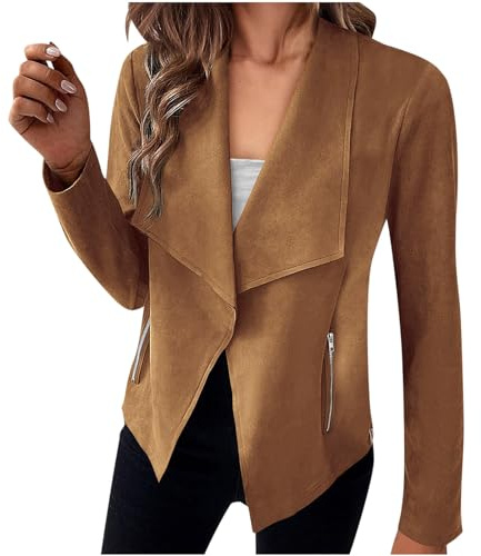 TANMESSO Veste Femme 2024 à Manches Longues Ouverte sur le Devant en Fausse Daim, marron clair, L