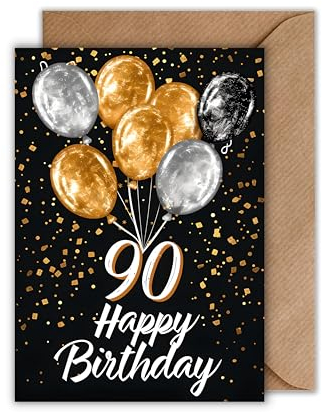 WBdesignz 90. Geburtstag Karte mit Umschlag - Elegante Geburtstagskarte zum 90ten Geburtstag “Happy Birthday Schwarz Gold Ballons 90ter Geburtstag (DIN A6)