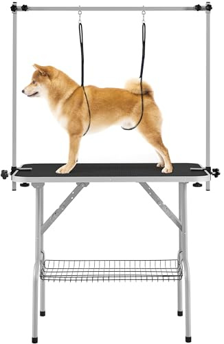 costoffs 91cm Foldable Pet Grooming Table Cat Dog Beauty Table for Pet Store/Home w/Storage Basket/Loop Noose/Adjustable Arm, Black