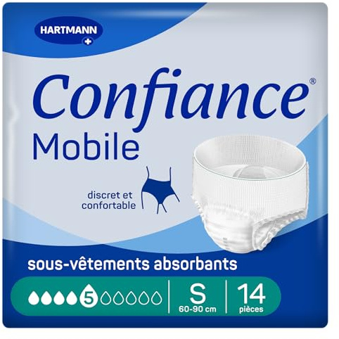 Confiance Mobile - Slips Absorbants pour Hommes et Femmes - Niveau d'Absorption = 5 gouttes (Fuites Urinaires Moyennes) - Discrets et efficaces - pH Neutre à la Peau - Taille S - 14 Unités