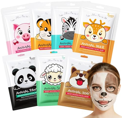 7 Pezzi Kit Maschere Viso Animal, Maschera Viso Idratante con Stampe Animalier, Maschera Visos Bambina, Mascheras Visos Animali, Idratante e Nutriente, per Pelle Secca e Spenta