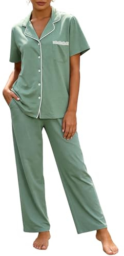 Flygo Womens Button Down Pajama Set Short Sleeve Top Long Pants Soft Loungewear Pjs Set with Pockets(BeanGreen-M)
