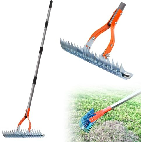 Scarificatore manuale, rastrello scarificatore con manico, 178 cm, rastrello da giardino rimovibile e regolabile, rastrello da taglio in metallo per rimuovere muschio, erba totem ed erbacce per un