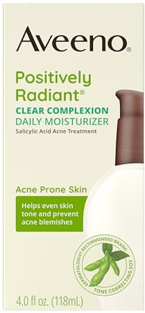 Aveeno Positively Radiant Clear Complexion Face Moisturizer, Acne Facial Moisturizer with Soy and Salicylic Acid for Oily Skin, Hypoallergenic Formula, Paraben-Free, Non-Comedogenic, Pump, 4 FL OZ