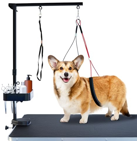 SHELANDY Fellpflege-Arm mit Klemme für große und kleine Hunde, 88,9 cm, höhenverstellbar, inkl. Zwei Nicht sitzenden Haunch-Halter, Schwarz