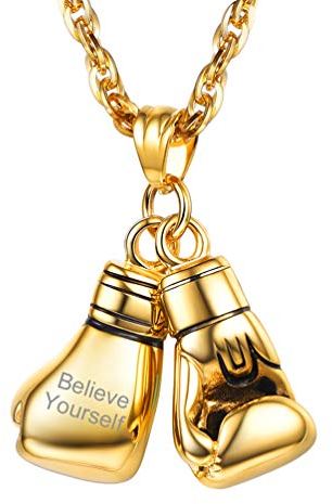 PROSTEEL personalisiert 18k vergoldet Herren Halskette Name Gravur Boxhandschuhe Anhänger mit 55+5cm Kette Boxing Handschuhe Collier Sportlich ModeSchmuck Accessoire für Männer Frauen