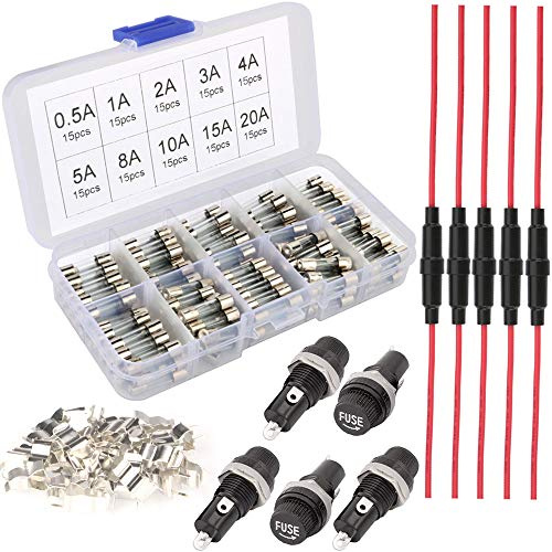 Gebildet Fast-blow Glass Fuses - 150pcs Assorted Kit + Fuse Holders (AGC Inline, Panel Mount Types) + 30pcs Fuse Seats