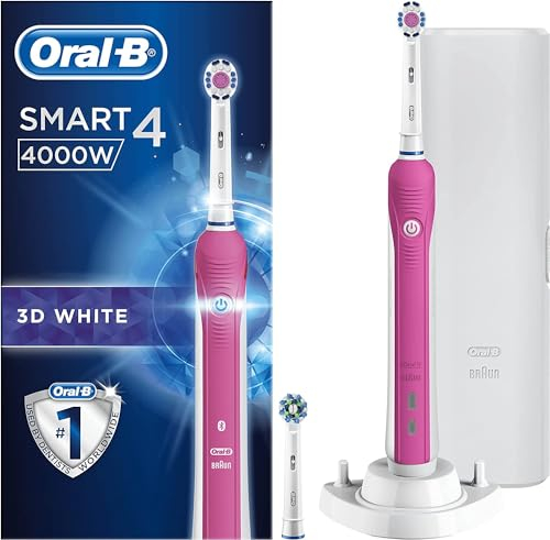 Oral-B Smart 4 3D White Electric Toothbrushes For Adults, Mothers Day Gifts For Her / Him, App Connected Handle, 2 Toothbrush Heads & Travel Case, 3 Modes, Teeth Whitening, 2 Pin UK Plug, Pink