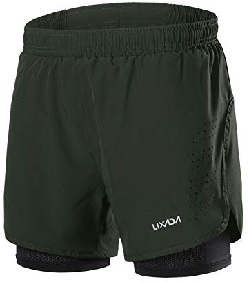 Lixada Mens 2-in-1 Running Shorts Quick Drying Breathable Active Training Exercise Jogging Cycling Shorts with Longer Liner (Army Green, XL)