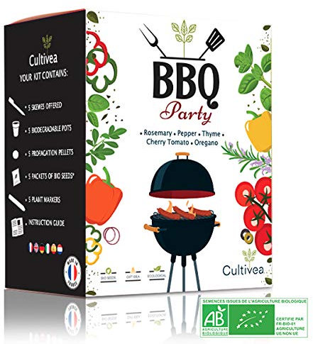 CULTIVEA® Kit BBQ Party listo para cultivar - Semillas 100% ecológicas y orgánicas - Cultiva y disfruta - Idea para regalo (Romero, Tomillo, Orégano, Tomate cherry, Pimiento)