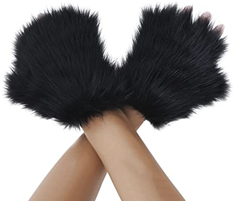 Damen Mädchen Handschuhe Flauschige Fingerlose Fäustlinge Winterhandschuhe Niedlichen Katzen Bären Katzen Fuchs warme Winter halbe Fingerhandschuhe (Schwarz-1)