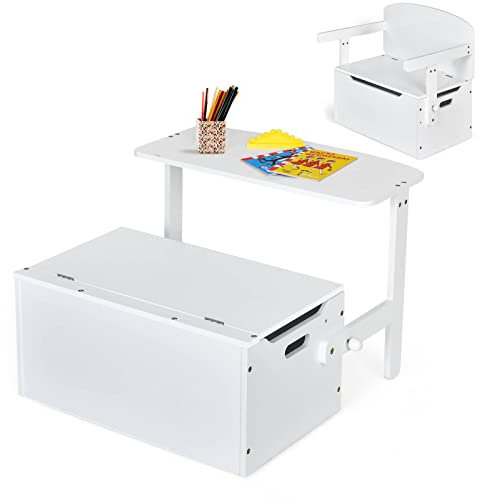 GYMAX 3 in 1 Kids Storage Bench, Convertible Toy Storage Box with Safety Hinge, Wooden Children Table and Chair Set for Playroom Bedroom (White)