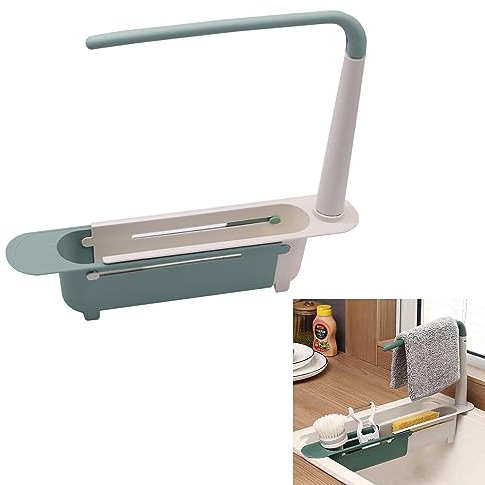 Organizador Telescópico para Fregadero, Soporte para Trapos, Cesta de Almacenamiento, Escurridor para Paños de Cocina, Longitud Ajustable 23-45 cm