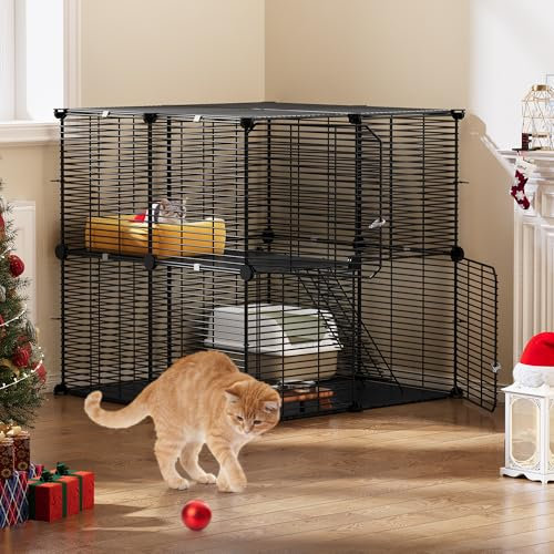 YITAHOME Katzenkäfig für den Innenbereich, 2-stöckig, DIY-Katzenlaufstall, Katzenkäfig mit dichtem Metalldraht, Katzenhaustier-Laufstall für 1–2 Katzen, Frettchen, Chinchilla, kleine Tiere