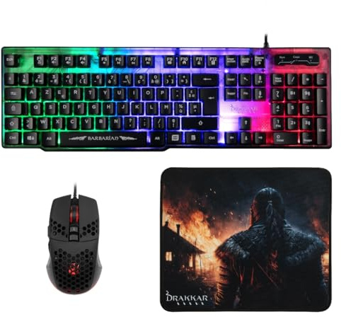 Konix Drakkar Set de Accesorios Gaming Barbarian PC - Teclado con Cable AZERTY con LED - Ratón con Cable 102 g - Alfombrilla para ratón Vikingo