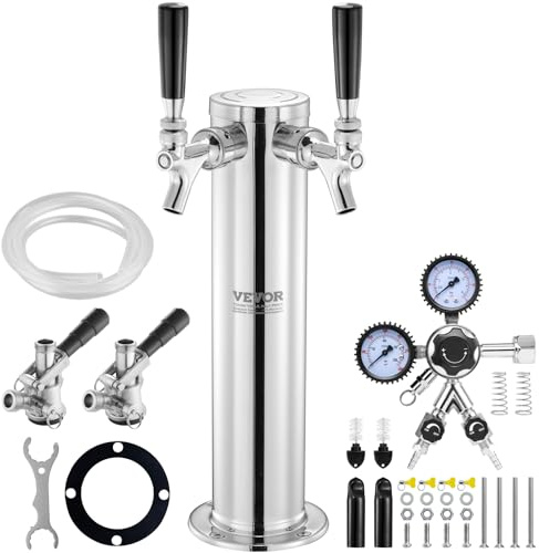 VEVOR Kegerator Tower Kit, Dual Taps Beer Conversion Kit, Stainless Steel Keg Beer Tower Dispenser with Dual Gauge CGA320 Regulator & D-System Keg Coupler, Self-Closing Spring for Party Bar Home