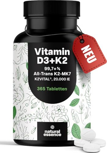 Vitamin D3 K2 hochdosiert – 365 Tabletten mit 20000 IE – 99,7+% All-Trans K2-MK7 - Vitamin D - produziert in Deutschland XXL Family Packung - Verpackung kann variieren