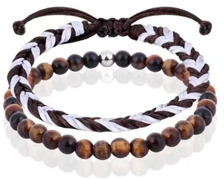 ZENGSING 2 Stück Surfer-Armband Herren Damen, Handmade Surfer Schmuck, Naturstein Surferarmband, Geflochtenes Armband, Hippie Sommer Strand-Schmuck, Verstellbar (Tigerauge)