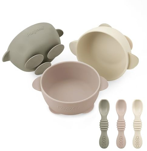 PandaEar 3 Pack Babysaugschalen &3 Babylöffel| Leckdichte Aufenthalts Silicon Food Bowl für Babys Kinder Kleinkinder Säuglinge | Lebensmittelqualität weiches BPA-freies Silikon (Leinen Braun Bräunen)