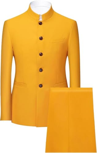2-delad kinesisk tunika kostym herr set mandarin krage kavaj set byxor knäppt jacka traditionell uniform bröllopsklänning, Gult, L