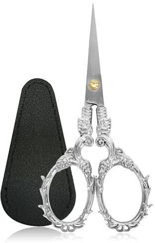 Stickschere, Vintage Bastelschere Edelstahl Kleine scharfe Schere zum Nähen Faden Nadelarbeit Handwerk mit Gefälschtem Leder Schere Abdeckung