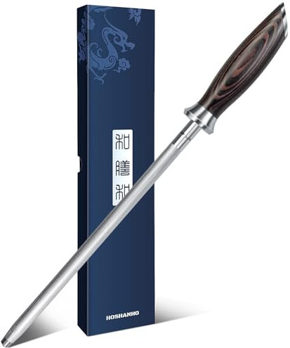 HOSHANHO Wetzstahl für Messer, 25 cm Profi Messerschärfer Stab, Japanischer Küchenmesserschärfer Mit Hohem Kohlenstoffgehalt und Ergonomischem Griff aus Pakkaholz, Ideal für Alle Kochmesser