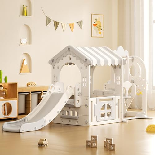 FUKEA Kids Playhouse Slide, Swing and Slide Set with Building Block Board(Contain 60 Blocks), Large Playground Slide for Toddlers Age 1-3 Indoor Outdoor,Garden kid Slide