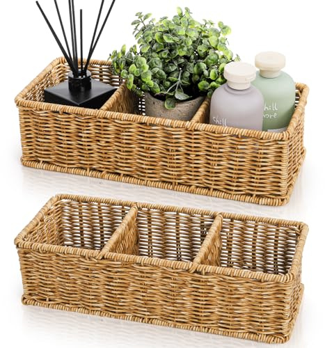 Covzoe 2 Pack Wicker Storage Basket with 3 Compartments