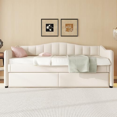 Rvjiahe divano letto,90x200cm con letto estraibile, divano letto, letto singolo (senza materasso), design luce ambiente, lino (Bianco, 90cm x 200 cm)