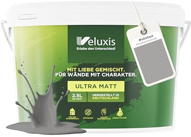Veluxis Wandfarbe Grau Hellgrau Anthrazit Matt Innenfarbe – Deckkraft Klasse 1, VOC-frei, Ohne Grundierung, Tropfarm – Wohnzimmer & Schlafzimmer – 2,5L (Attractive Anchovies)