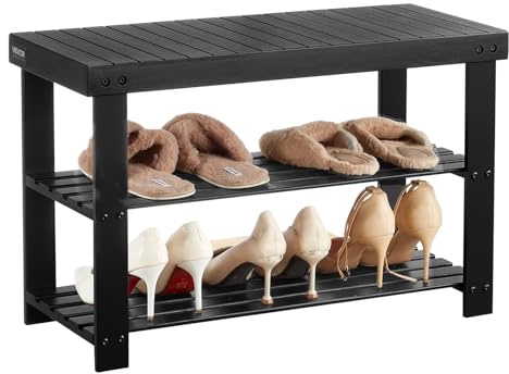 VEVOR Banco Zapatero de Bambú 703 x 288 x 451 mm Banco Zapatero de 3 Niveles Organizador de Zapatos Capacidad para hasta 129,7 kg para Entrada de Puerta, Pasillo, Sala de Estar, Dormitorio, Negro