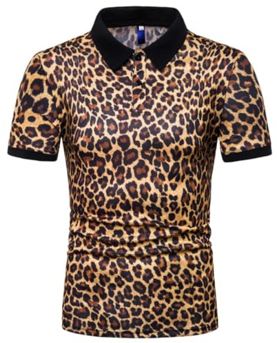 Men's Leopard Print Polo Shirt Short Sleeve Casual Button Down Stand Collar | Retro Cheetah Printed Regular T-Shirt Golf Tennis Tops, Classic Slim Fit Basic Summer Blouse for Business Sports Athletic