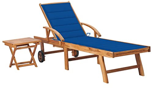 HaoChrymec Transat Jardin Extérieur avec Table et Coussin, en Bois de Teck Massif, Dossier Réglable 3 Positions, Repose-Pieds Adjustable, Design Moderne,Coussin Bleu Roi, 195 x 59.5 cm
