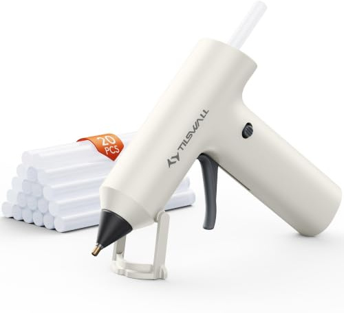 Tilswall Cordless Hot Glue Gun, W106s, Fast Preheating with 2Ah Battery | 90s Fast Preheating, Glue Gun and Sticks Set (7×140mm), Hot Melt Glue Gun Ideal for Crafts, DIY Making, Repairs White