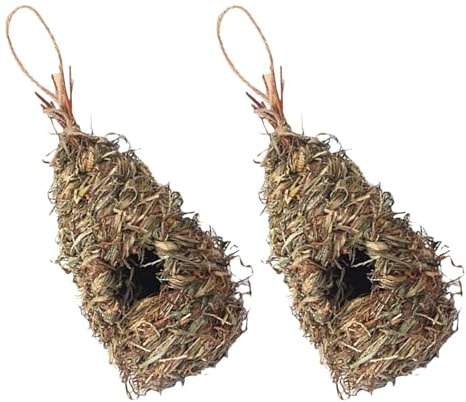 TOYANDONA 2 Piezas Pájaros Tejidas a Mano de Paja Natural, Colgantes para Exterior, Juego, Rústica para Jardín y Observación de Aves