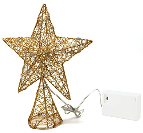 CVHOMEDECO. Gold Tree Top Star with Warm White LED Lights and Timer for Christmas Ornaments and Holiday Seasonal Décor, 8 x 10 Inch