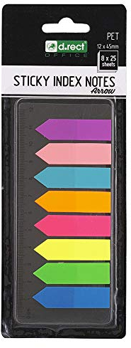 D.RECT Haftstreifen Pagemarker 200 Stück (8 Farben, je 25 Blätter) - Index Haftmarker 12x45mm - Film Textstreifen PET-Folie Pfeile mit Lineale