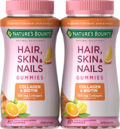 Nature's Bounty Hair, Skin & Nails with Biotin and Collagen, Citrus-Flavored Gummies Vitamin Supplement, Supports Hair, Skin, and Nail Health for Women, 2500 mcg, 80 Ct (2 Pack), 80 Total Servings