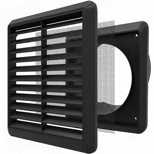 Kair Black 100mm Louvred Wall Vent Grille with Flyscreen - 99.5mm / 4 Inch Round Rear Spigot & 155mm Front Cover