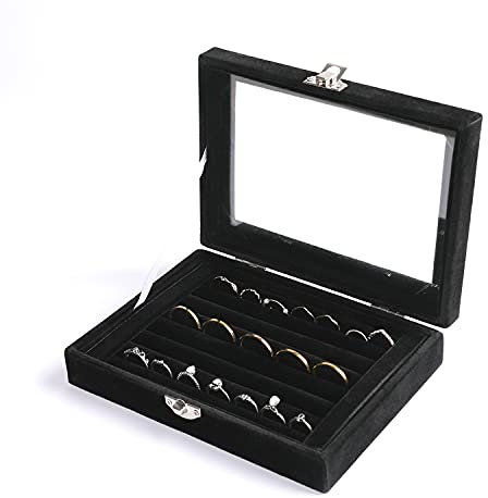 Frebeauty Rings/Earring Organizer Tray with Clear Lid,7 Slots Ring Box Velvet Ring Holder Drawer Insert Jewelry Storage Box Jewelry Display Case Jewelry Box Gift for Women and Girls(Black,7 Slots)
