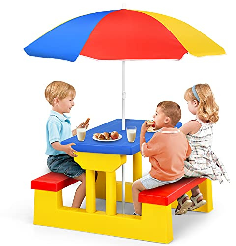 GYMAX Mobili da Giardino per Bambini in PP e Nylon, Set di Mobili per Bambini con Tavolo, Panchine e Ombrellone, Utilizzabili all’Aperto e al Chiuso (omrellone colorato)