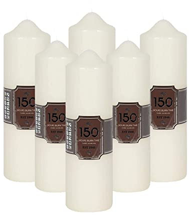 Church Pillar Candles - Unscented Overdipped White Candles with Long Burning Times of 150 Hours, 24 cm Tall (Pack of 6)