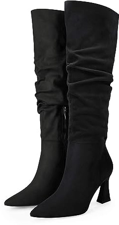 Coutgo Women's Slouchy Knee High Boots Wide Calf Pointed Toe Side Zipper Chunky Heel Long Boots Winter Shoes, Black, Size 7.5