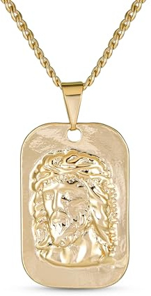 Bling Jewelry Unisex Medaglione Religioso In Metallo Personalizzabile Con Ciondolo A Forma Di Testa Di Gesù Cristo In Stile Medaglione Per Cani Placcato In Oro Giallo Adatto A Uomini Adolescenti