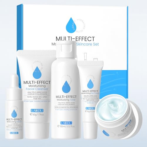 LAIKOU Set Skincare Idratante, Set Regalo per la Cura Della Pelle Donna, 5 Pezzi Kit Skincare Viso Completo con Detergente Viso Tonico Idratante Contorno Occhi Siero Crema