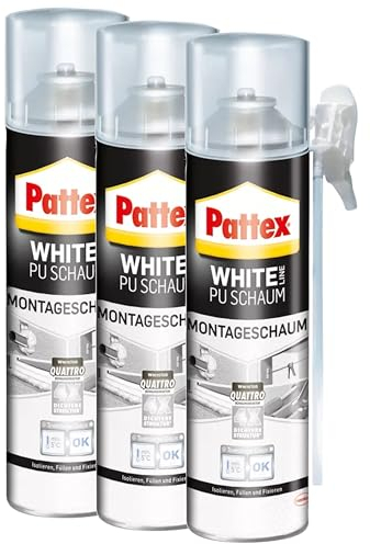 Pattex White Line PU Schaum, Montageschaum mit feiner, homogener Zellstruktur, Isolieren, Füllen und Fixieren, Weiß, 3x 500 ml